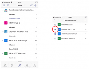 Ansicht der mobilen Teams-Übersicht in Microsoft Teams. Das rechte Bild zeigt ausgewählte Favoriten-Teams markiert mit einem lilafarbenen Stern.