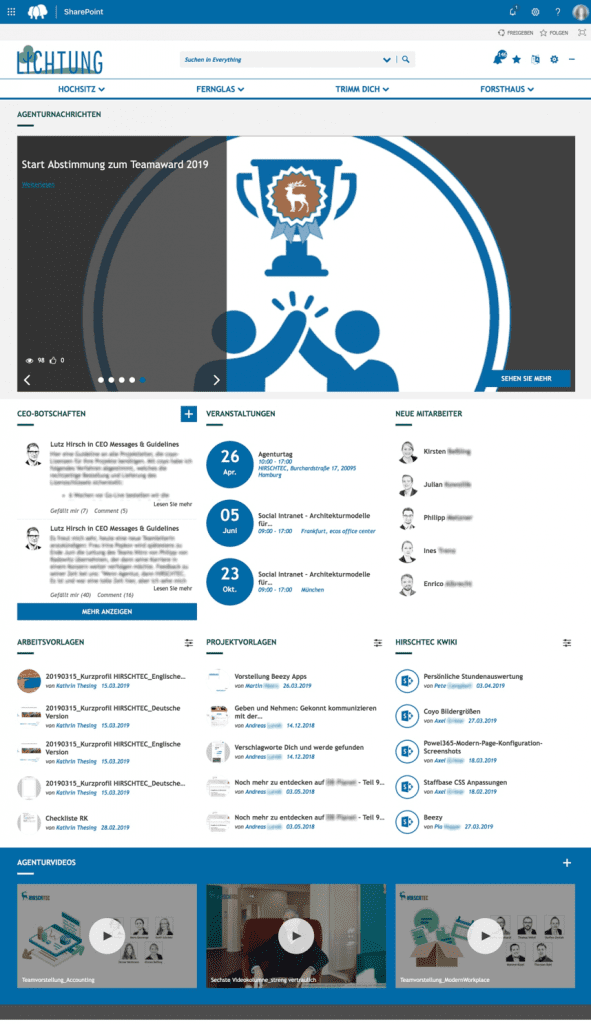 Screenshot der Startseite unseres Intranets "Lichtung" | HIRSCHTEC