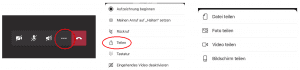 Mittels der Einstellungsoptionen durch Klicken auf die drei Punkte im Microsoft Teams Call lassen sich Bildschirm und Dateien teilen.