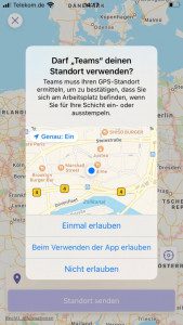 Screenshot zeigt die Freigabeanfrage aus Microsoft Teams zum Senden des Standortes.