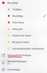 : Microsoft Teams App - Menü für Statuseinstellungen.