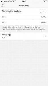 Microsoft Teams App - Menü zum Einstellen von Ruhezeiten und Ruhetagen.