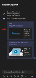 Screenshot zeigt Microsoft Teams Besprechungschat mit geposteten Links