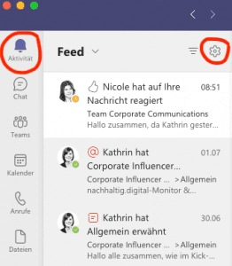 Screenshot zeigt den Aktivitäten-Feed in Microsoft Teams